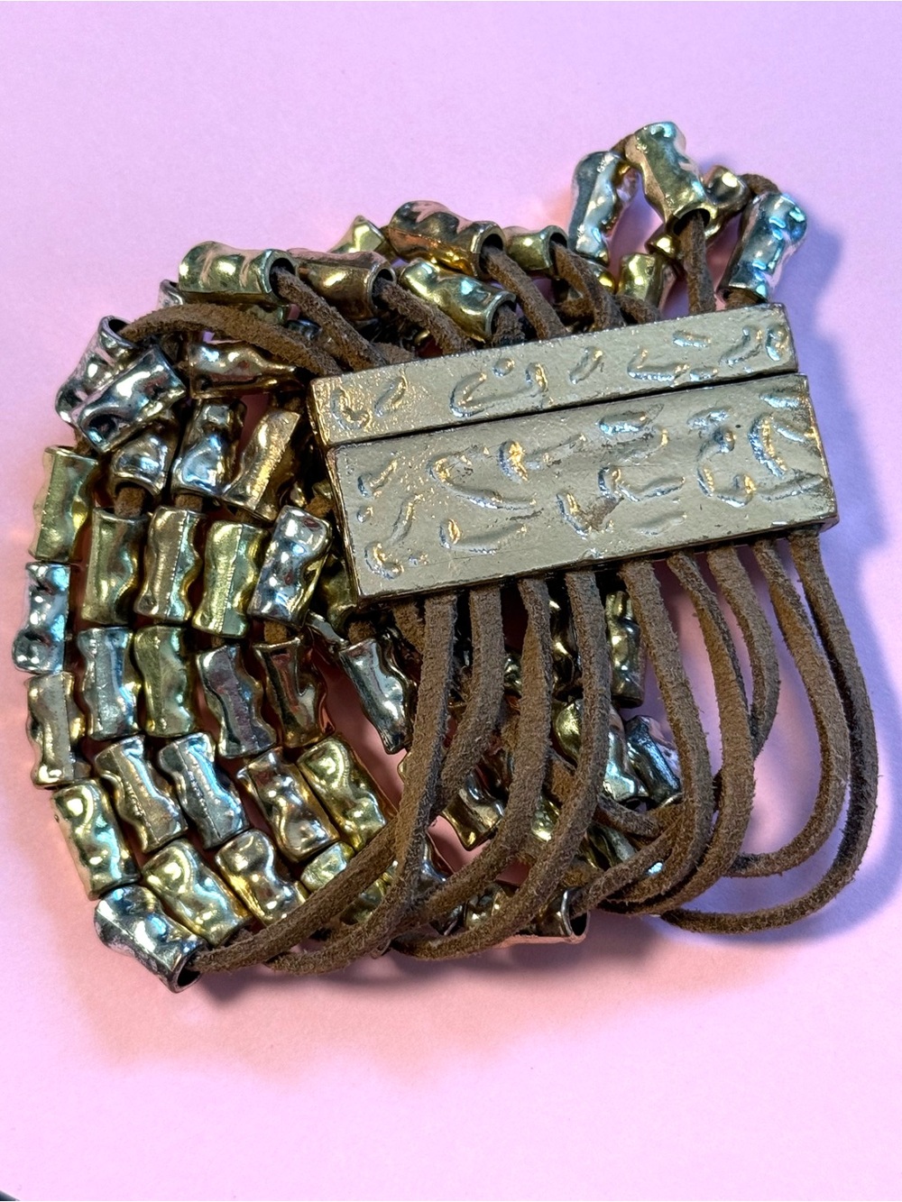 Boho Mixed Metal Multi Strand Leather Magnetic Cuff Bracelet